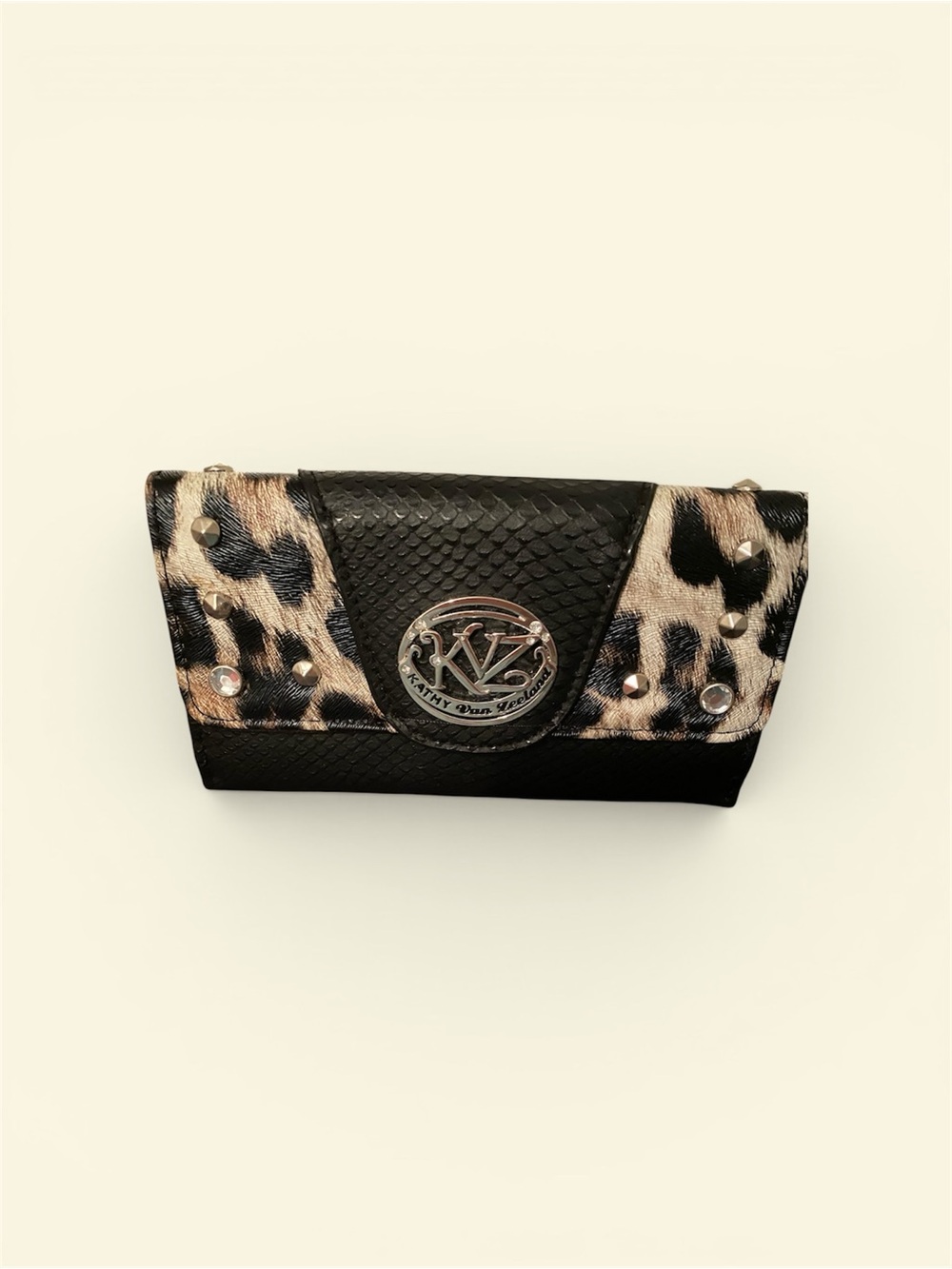 Kathy Van Zeeland Black Studded Wallet with Leopard Accents Rhinestones
